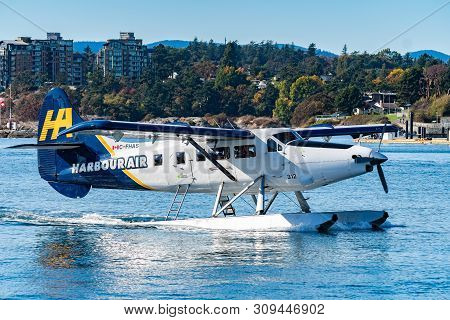 Victoria, Canada - October 02 2017: Single Otter Harbour Air Seaplane (c-fhas 312), A Powered Fixed-