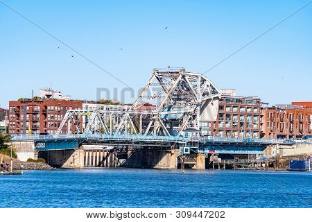 Victoria, Canada - October 02 2017: Johnson Street Bridge With Mermaid Wharf And The Janion Hotel/ R