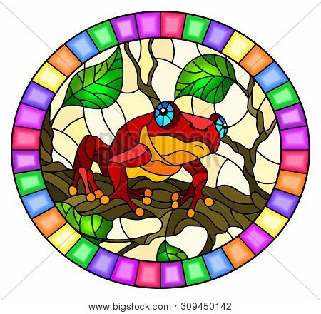 Illustration In Stained Glass Style With Bright Red Frog On Plant Branches Background With Leaves  O