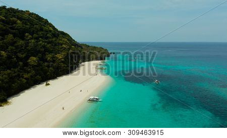 Sandy Beach And Turquoise Water In The Tropical Resort Of Boracay, Puka Shell Beach, Philippines Aer