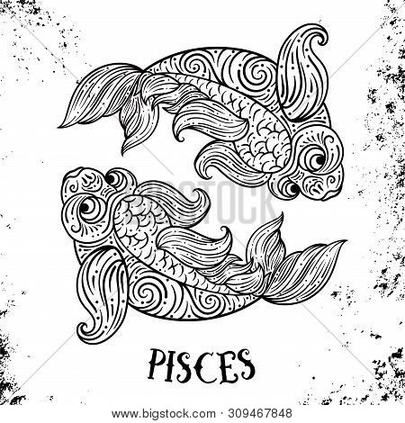 Beautiful Line Art Filigree Zodiac Symbol. Black Sign On Vintage Background.elegant Jewelry Tattoo.e