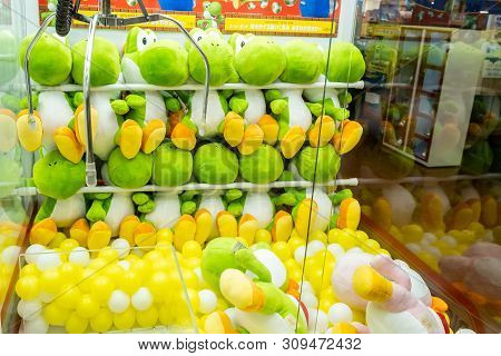 Yamanashi, Japan - March 22, 2019 : View Of Japanese Claw Machine With Snorlax Pokemon Cartoon Chare