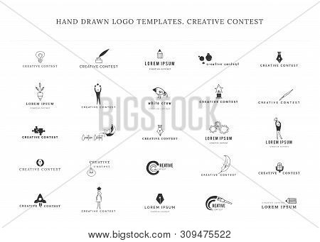 Vector Set Of Hand Drawn Icons. Creative Contest. Premade Logo Templates.
