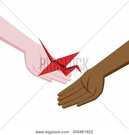 Isometric Origami Red Crane. A Gift With Hope. Symbol Of Hope And Healing. Hands Of Different Races 