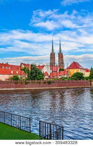 Wroclaw, Poland Panorama Of Ostrow Tumski Island, Odra Or Oder River And Cathedral Towers