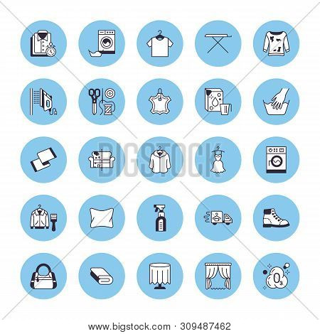 Dry Cleaning, Laundry Line Icons. Launderette Service Equipment, Washing Machine, Clothing Shoe And 