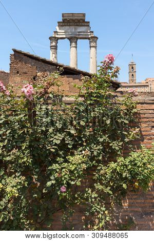 Ruins Of Temple Of Dioscuri At Roman Forum In City Of Rome, Italy