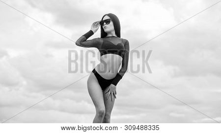 Girl Attractive Sexy Body Posing Sky Background. Booty Woman Wear Bikini. Sporty Girl Sexy Body. Res