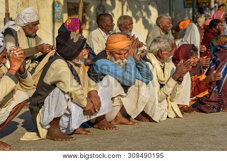 Pushkar, India - February 06, 2019: Indian People Praying At Pushkar Holy Lake In Rajasthan