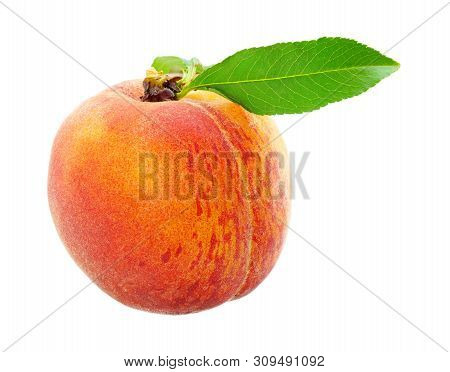 Design Element Ripe Juicy Peach With Leaf Isolated On White Background. Fruit Ingredient For Cooking