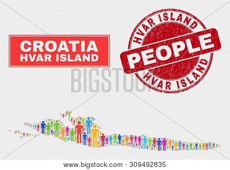 Demographic Hvar Island Map Illustration. People Bright Mosaic Hvar Island Map Of Crowd, And Red Rou