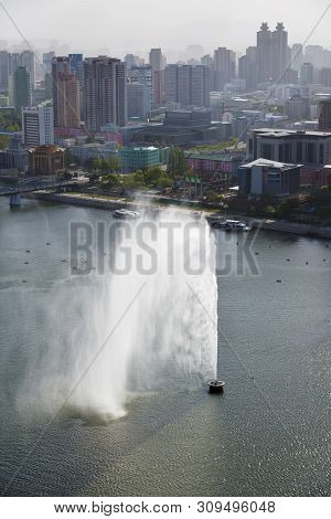Pyongyang, North Korea - May 1, 2019: View From Above On The Pyongyang, Capital Of North Korea And F
