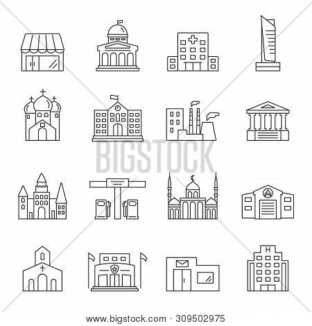 Urban Infrastructure Outline Icons Set. Editable Stroke City Building Signs. Architecture And City I