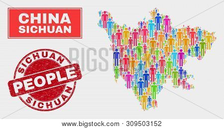Demographic Sichuan Province Map Abstraction. People Bright Mosaic Sichuan Province Map Of Crowd, An