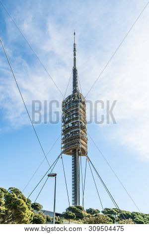 Barcelona, Spain - April 2019: Tv Tower Torre De Collserola On The Tibidabo Hill In Barcelona, Spain