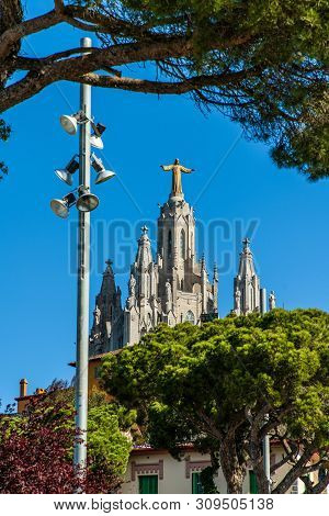 Barcelona, Spain - April, 2019. Tibidabo Cathedral. Temple Of The Sacred Heart Of Jesus At Mount Tib