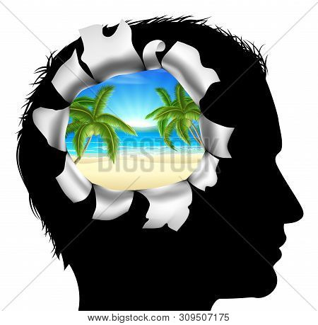A Mans Head In Silhouette With A Tropical Beach Vacation Scene. Concept For Thinking Or Dreaming Abo