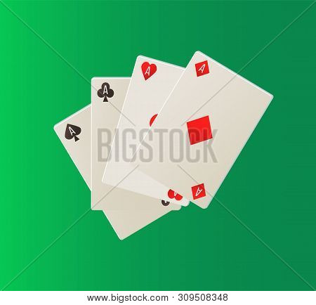 Deck Of Aces On Green, Collection Of Suits, Playing Cards In Flat Design Style, Gambling And Joker I
