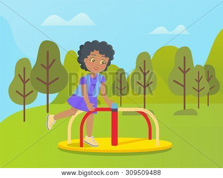 Small Child Having Fun In Amusement Park Vector, Kid Girl On Carousel. Construction Of Steel Spinnin