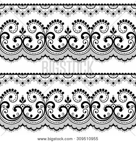 Victorian Lace Seamless Design, Black And White Old Fashioned Repetitive Design With Flowers And Swi