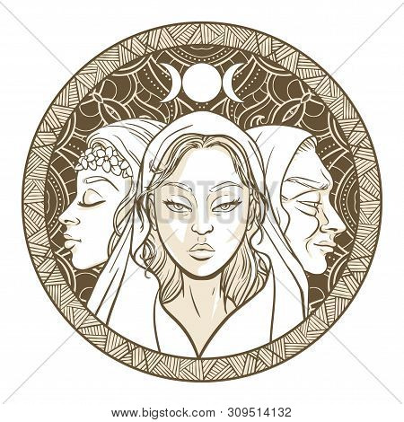Triple Goddess As Maiden, Mother And Crone, Beautiful Woman, Symbol Of Moon Phases. Hekate, Mytholog