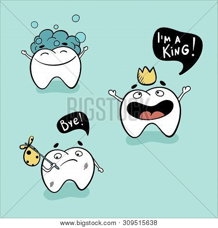 Cute Teeth Character Set With Different Emotions. Happy Bathing Tooth And Crowned One And Sad Sick C