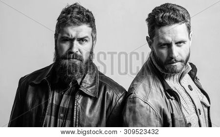 Brutal Men Wear Leather Jackets. Men Brutal Bearded Hipster. Handsome Stylish And Cool. Masculine An