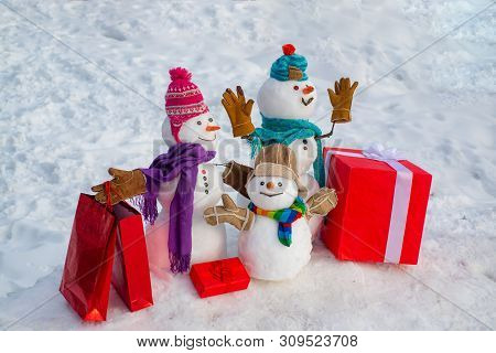 Seasonal Christmas Holidays Sale Discounts. New Year Gift. Merry Christmas And Happy New Year. Snowm