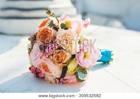 Bridal Bouquet Of Roses, Eustome, Peony Roses In Pink And Beige Tones