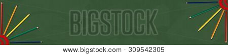 Horizontal Banner. Curve Templet And Color Pencils On Green School Board Background. Copy Space