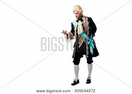 Pompous Victorian Gentleman In Wig Standing And Gesturing Isolated On White