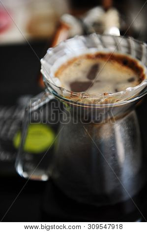 Alternative Coffee Brewing. Transparent Glass Pour Over Dripper V60 With Paper Filter.