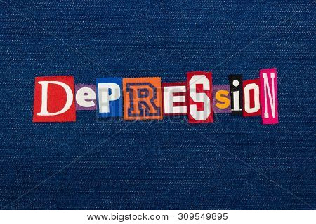 Depression Word Text Collage, Multi Colored Fabric On Blue Denim, Mental Health Concept, Horizontal 