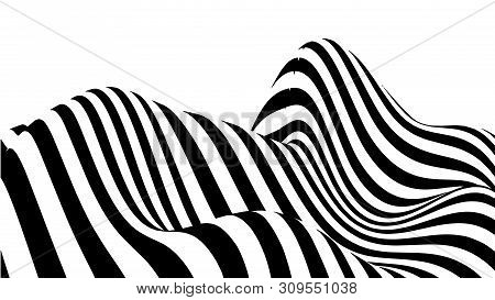 Optical Illusion Wave. Abstract 3D Black And White Illusions. Horizontal Lines Stripes Pattern Or Ba