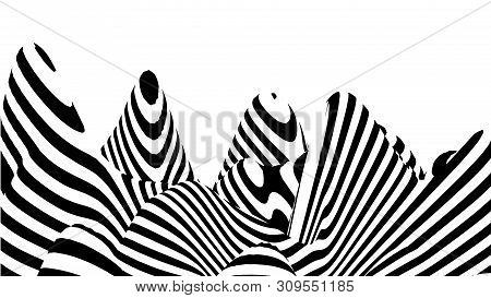 Optical Illusion Wave. Abstract 3D Black And White Illusions. Horizontal Lines Stripes Pattern Or Ba