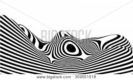 Optical Illusion Wave. Abstract 3D Black And White Illusions. Horizontal Lines Stripes Pattern Or Ba