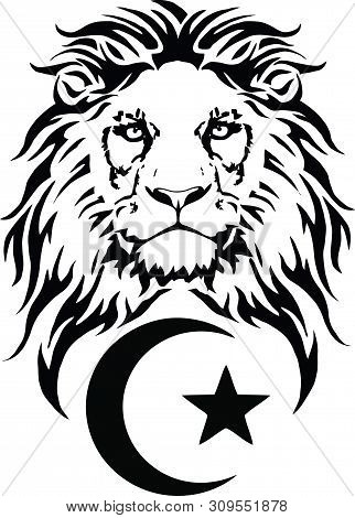 The Lion And The Symbol Of Islam - Crescent And Star, Drawing For Tattoo, On A Transparent Backgroun