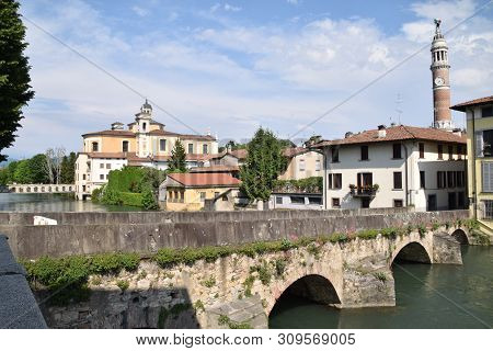 View Of The City Of Palazzolo On The Oglio River And Its Monuments Lombardy - Italy