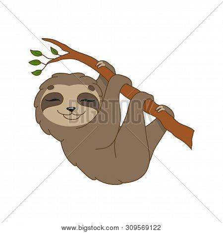 Brown Sloth. Cute Character. Colorful Vector Illustration. Cartoon Style. Isolated On White Backgrou