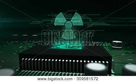 Nucelar Danger Icon Glowing Hologram Over Working Cpu In Background. Futuristic Concept Of Cyber War