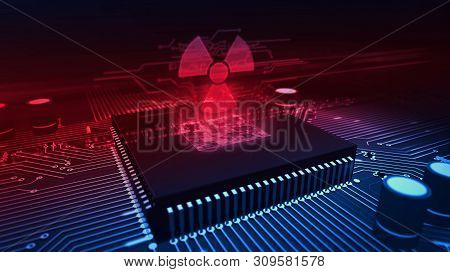 Nucelar Danger Icon Glowing Hologram Over Working Cpu In Background. Futuristic Concept Of Cyber War