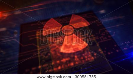Nucelar Danger Icon Glowing Hologram Over Working Cpu In Background. Futuristic Concept Of Cyber War