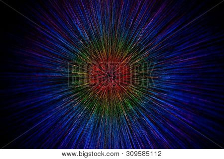 Natural Lens Zoom Explosion Radial Gradient Color Blurred Dots On Black Background With Selective Fo