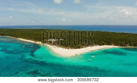 Seascape With Beautiful Beach And Tropical Island Palm Trees By Coral Reef From Above. Daco Island, 
