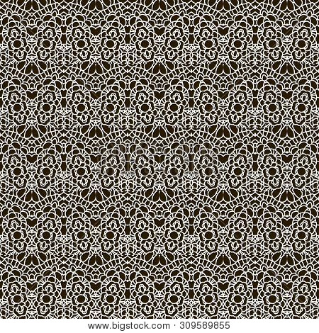 Seamless Pattern With White Ornament On Brown Background. Hand Draw Design.  Vintage Illustration. A