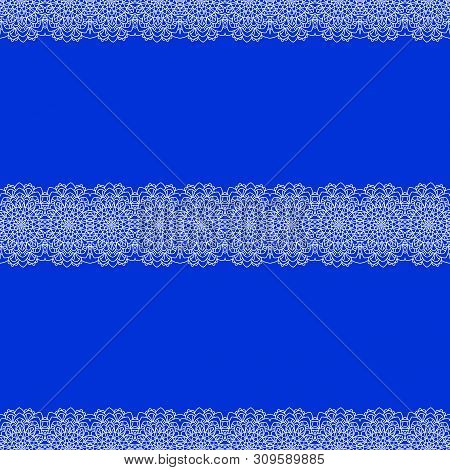 Seamless Pattern With White Ornament In On Blue Background. Hand Draw Design.  Vintage Illustration.