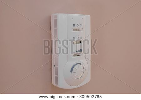 Indicator Of The Old Generation Air Conditioner In An Office Building With A Control Panel, Side Vie