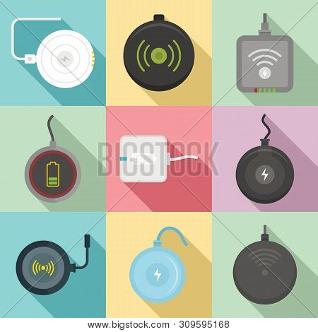 Wireless Charger Icons Set. Flat Set Of Wireless Charger Vector Icons For Web Design