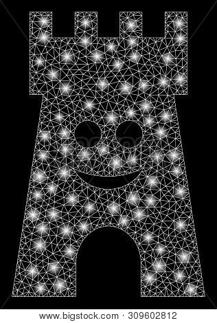 Glowing Mesh Happy Fort Tower With Lightspot Effect. Abstract Illuminated Model Of Happy Fort Tower 