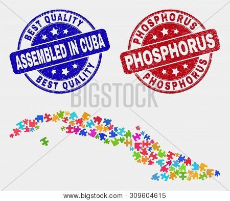 Constructor Cuba Map And Blue Assembled Stamp, And Phosphorus Distress Seal Stamp. Colored Vector Cu
